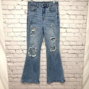 American Eagle Super High Rise Flare Blue Denim  Stretch Distressed Jeans Sz 6